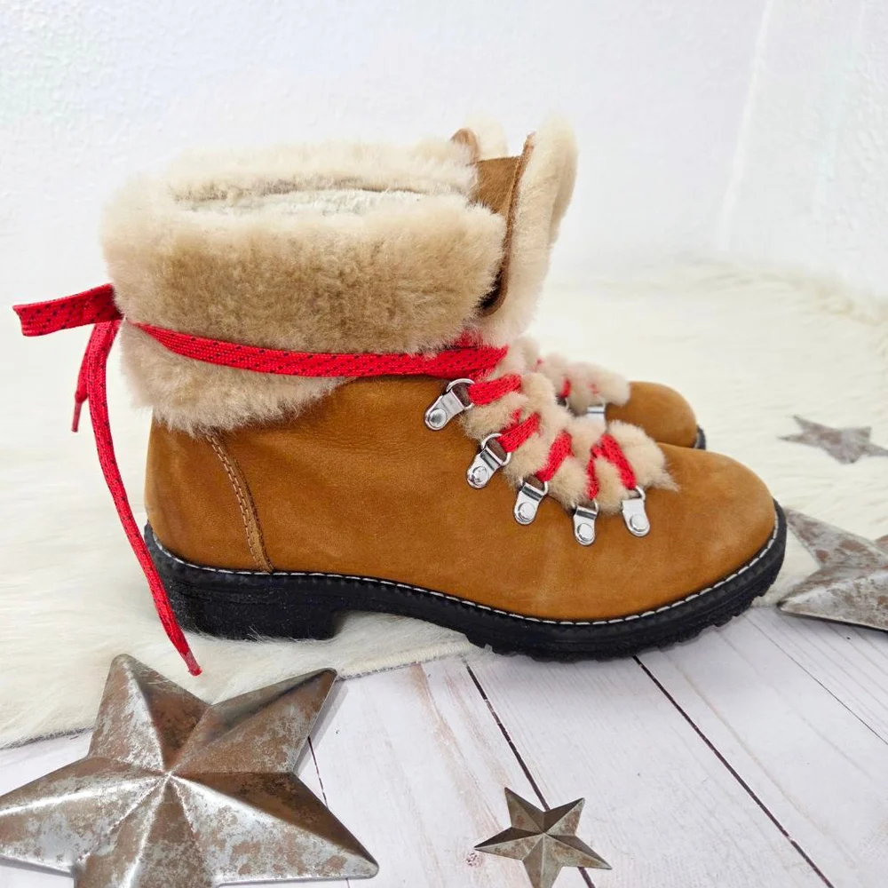 J. Crew Nordic boots pecan brown leather shearling lined red laces women's sz 7